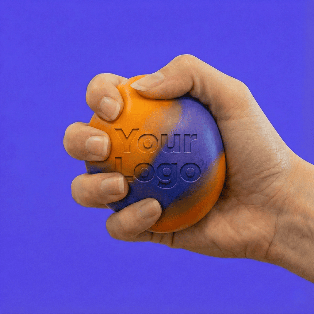 Man holding custom branded stress ball with company logo imprint