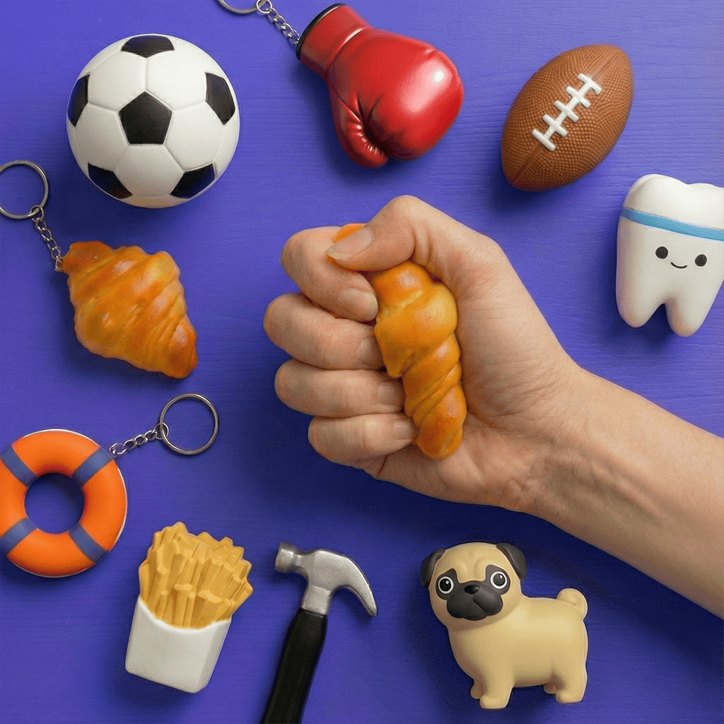 Man squeezing a croissant shaped stress ball surrounded by variety of custom foam stress ball shapes